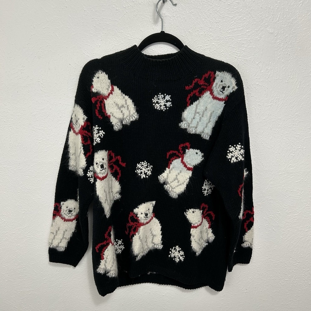 VTG 90s Black Christmas Sweater Marisa Christina Polar Bears Holidays Rare Sz‎ L